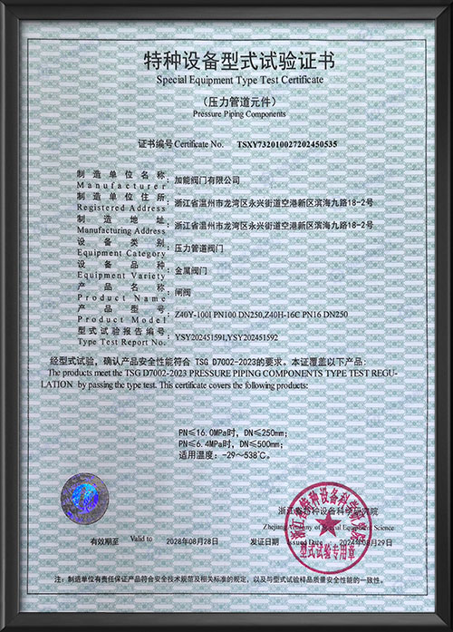 Special equipment type test certificate - gate valve